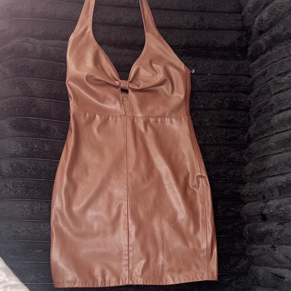 Faux Leather Mini Halter Dress in Brown